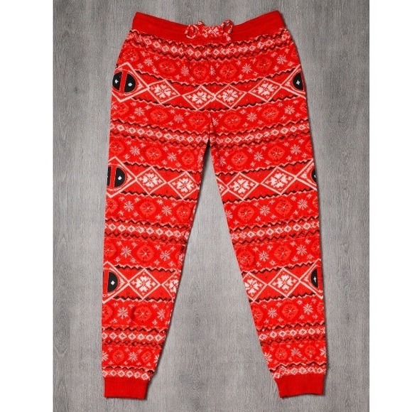 Marvel Other - Marvel Deadpool Men's Large Red Fleece Pajama Joggers Pants Holiday Pattern